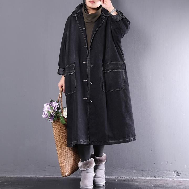 Black Loose Plus Size Retro Denim Cotton Coat