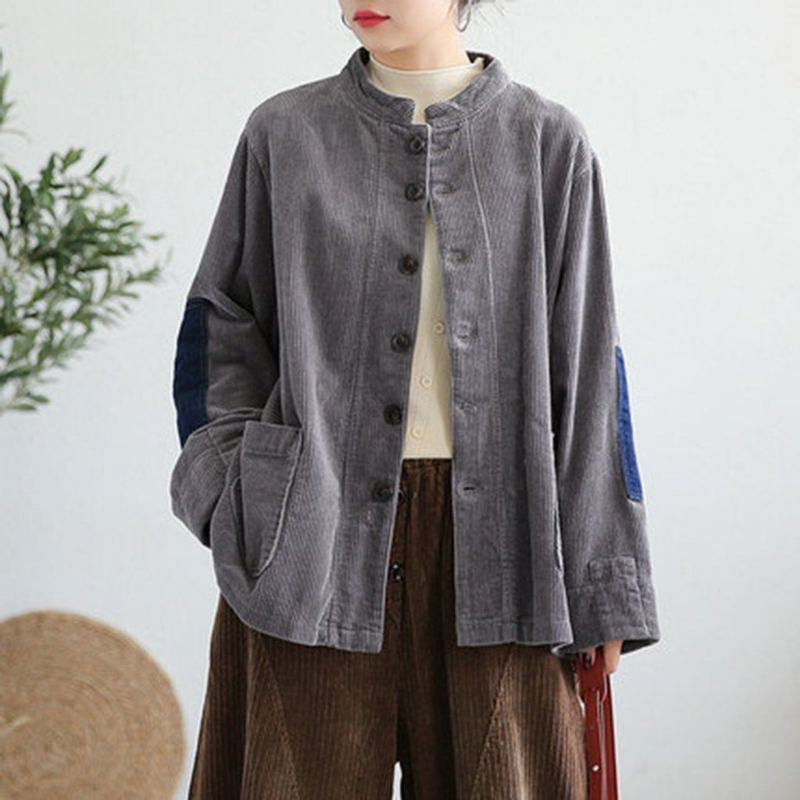 Cordduroy Patchwork Stand Collar Coat