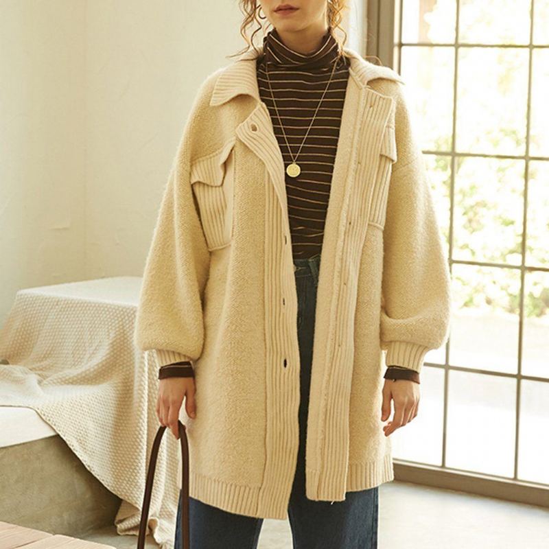 Dam Fleece Stickad Sömnad Lazy Coat