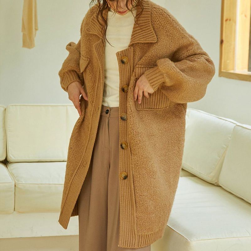 Dam Fleece Stickad Sömnad Lazy Coat