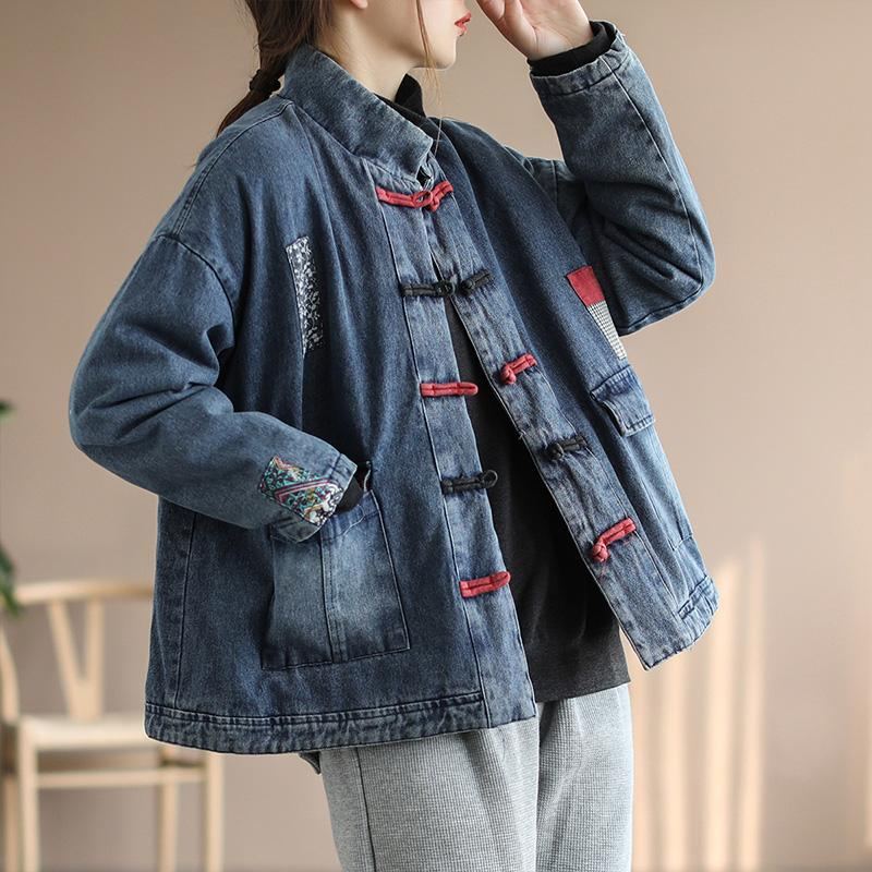 Dam Vinter Bomull Vadderad Retro Lös Denim Coat