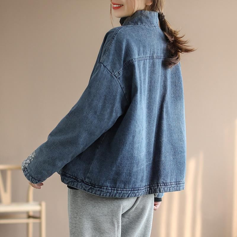 Dam Vinter Bomull Vadderad Retro Lös Denim Coat