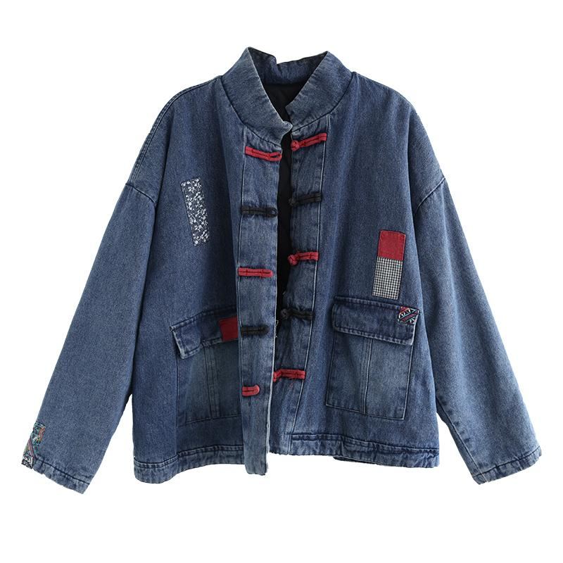 Dam Vinter Bomull Vadderad Retro Lös Denim Coat