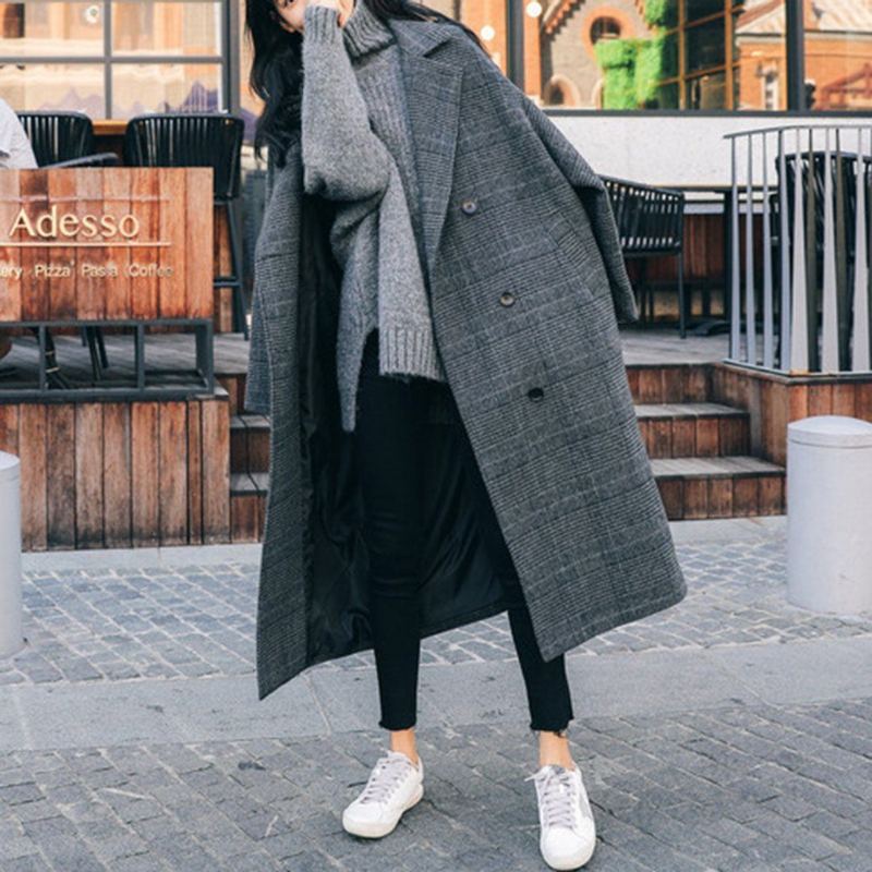 Gingham Fashion Double Breasted Wool Windbreaker Coat