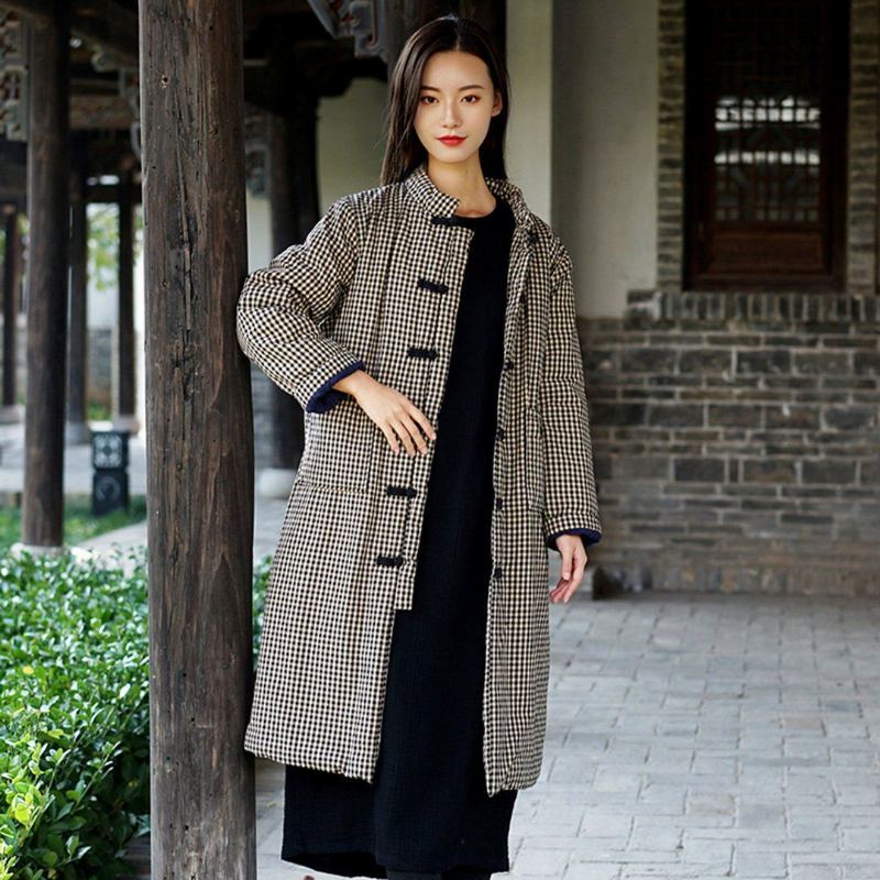 Gingham Stand Collar Thick Coat