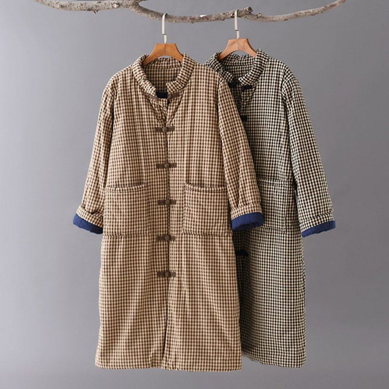 Gingham Stand Collar Thick Coat