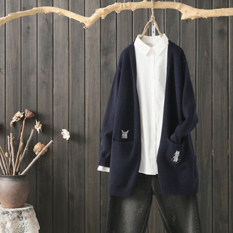 Lös Casual Broderi Stickad Cardigan Coat