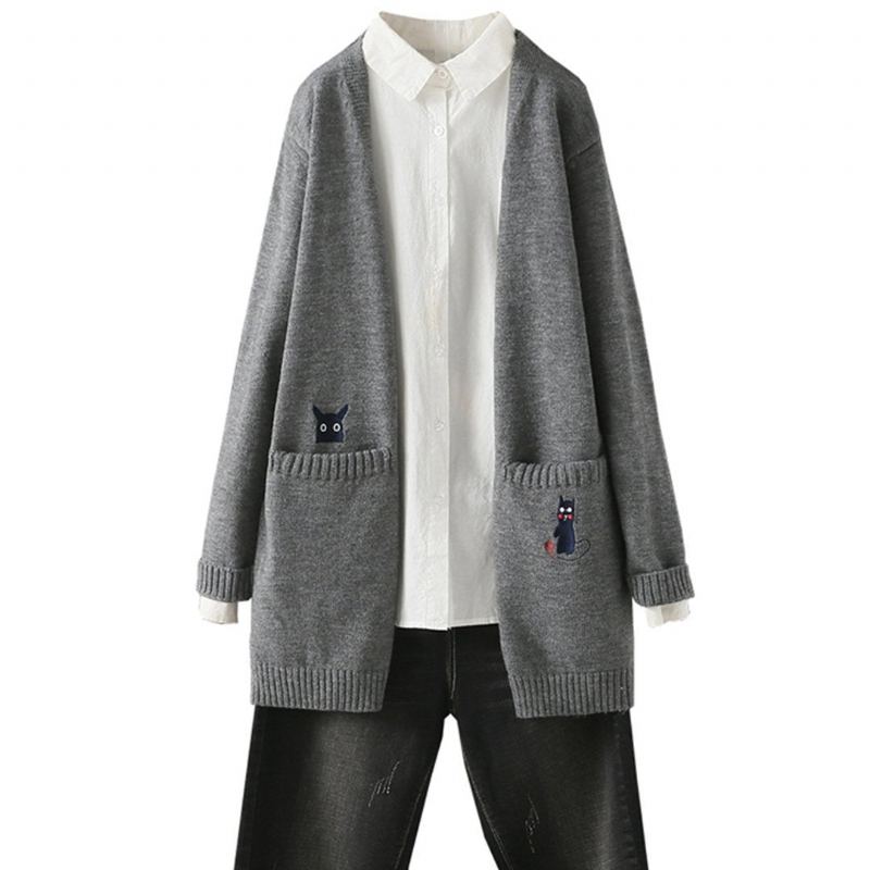 Lös Casual Broderi Stickad Cardigan Coat