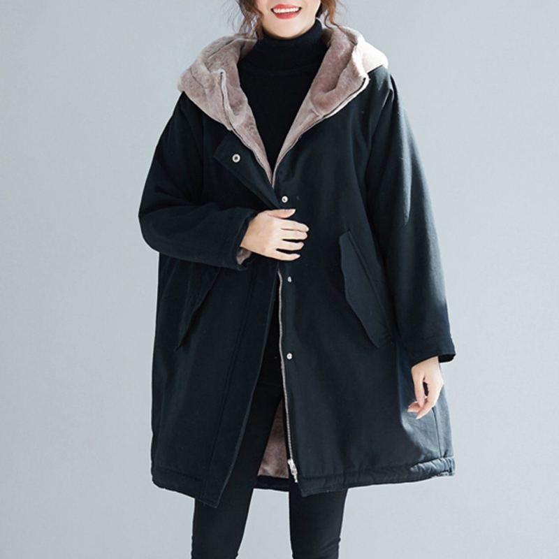 Lös Casual Vinter Tjock Furry Huv Coat