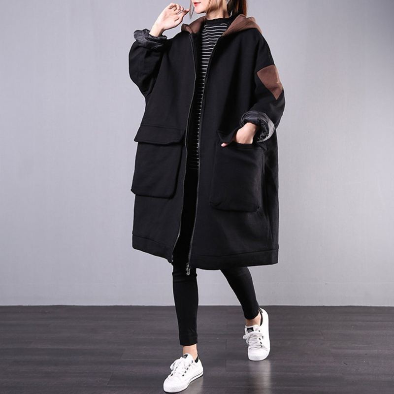 Lösa Casual Big Pockets Color Block Hooded Thick Coat