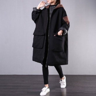 Lösa Casual Big Pockets Color Block Hooded Thick Coat