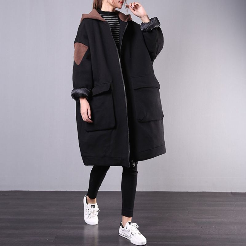 Lösa Casual Big Pockets Color Block Hooded Thick Coat