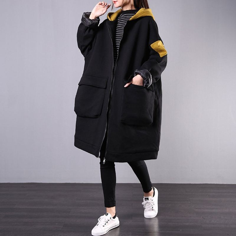 Lösa Casual Big Pockets Color Block Hooded Thick Coat