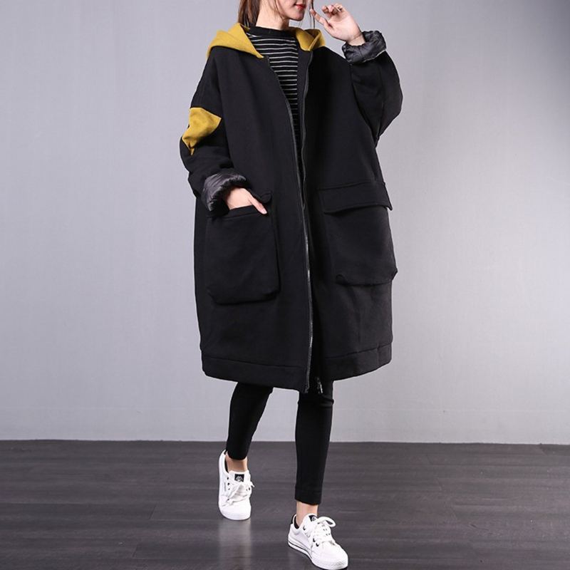 Lösa Casual Big Pockets Color Block Hooded Thick Coat