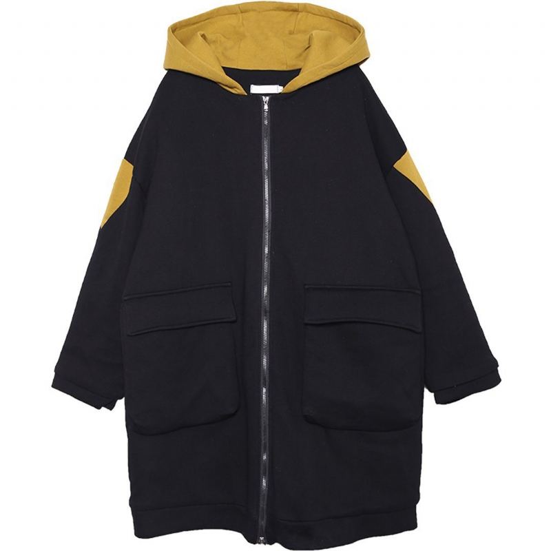 Lösa Casual Big Pockets Color Block Hooded Thick Coat