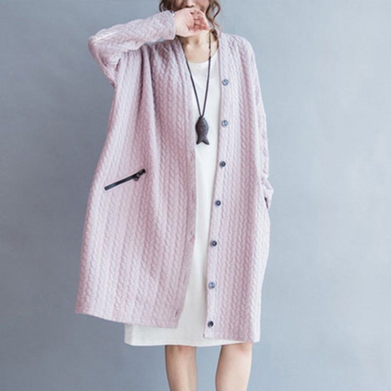 Plus Size Loose Stickade Knappar Cardigan Coat