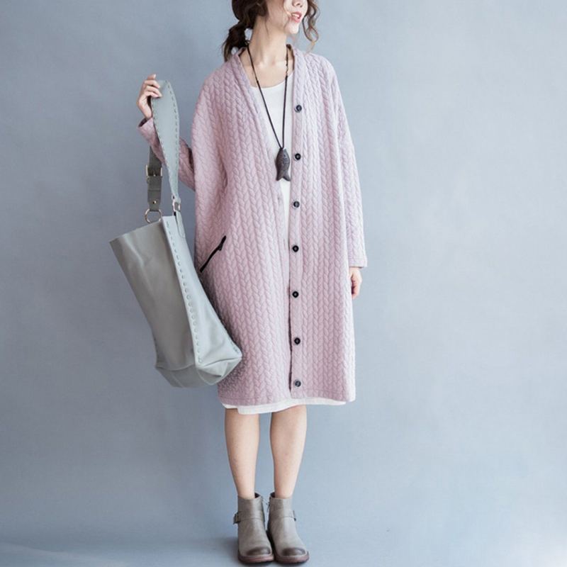 Plus Size Loose Stickade Knappar Cardigan Coat