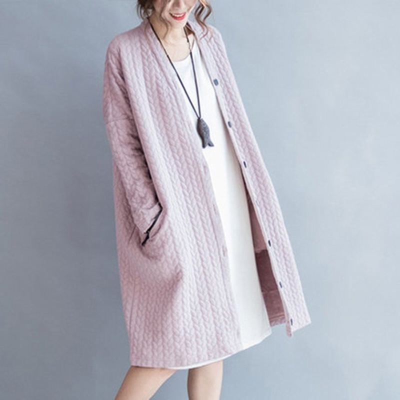 Plus Size Loose Stickade Knappar Cardigan Coat