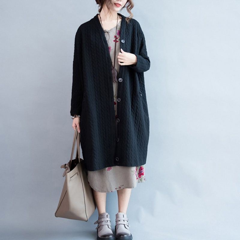 Plus Size Loose Stickade Knappar Cardigan Coat