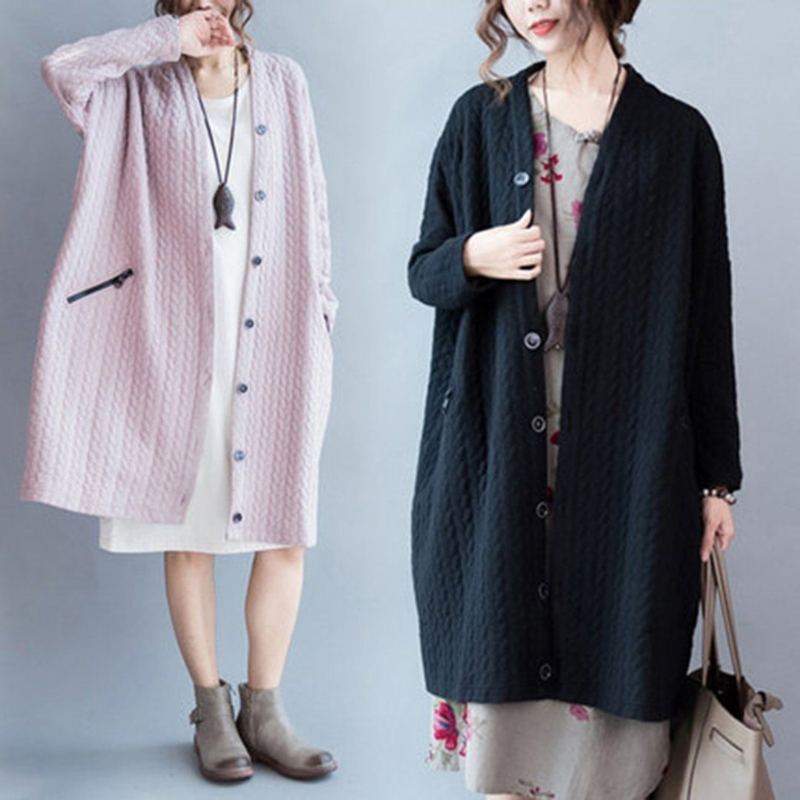 Plus Size Loose Stickade Knappar Cardigan Coat