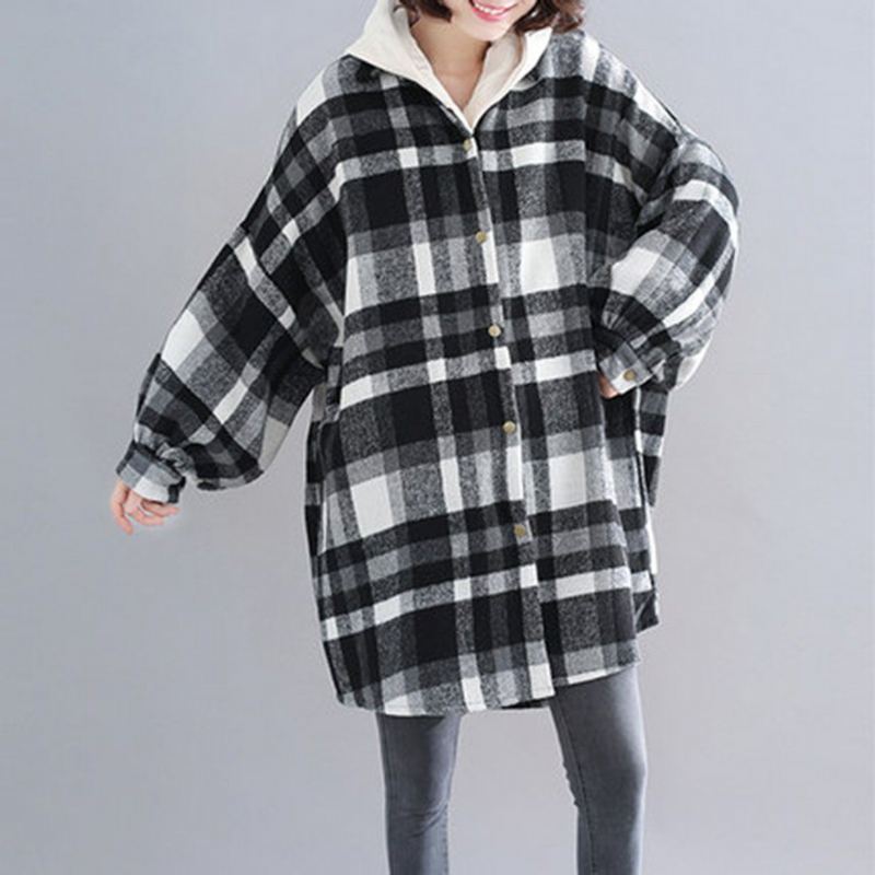 Plus Size Pläd Hooded Autumn Coat