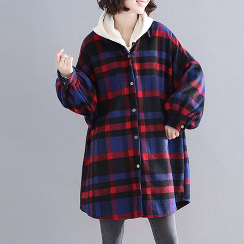 Plus Size Pläd Hooded Autumn Coat