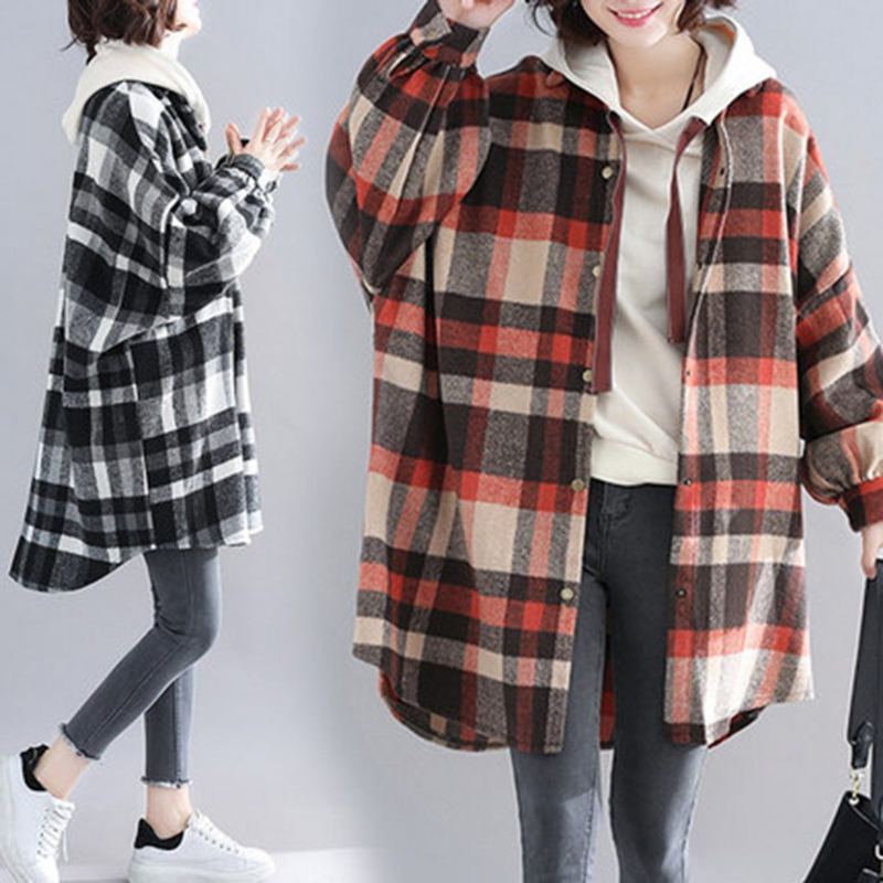 Plus Size Pläd Hooded Autumn Coat