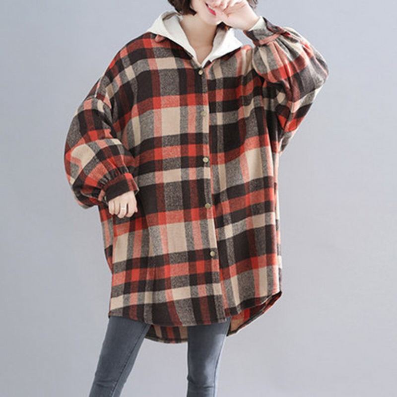 Plus Size Pläd Hooded Autumn Coat