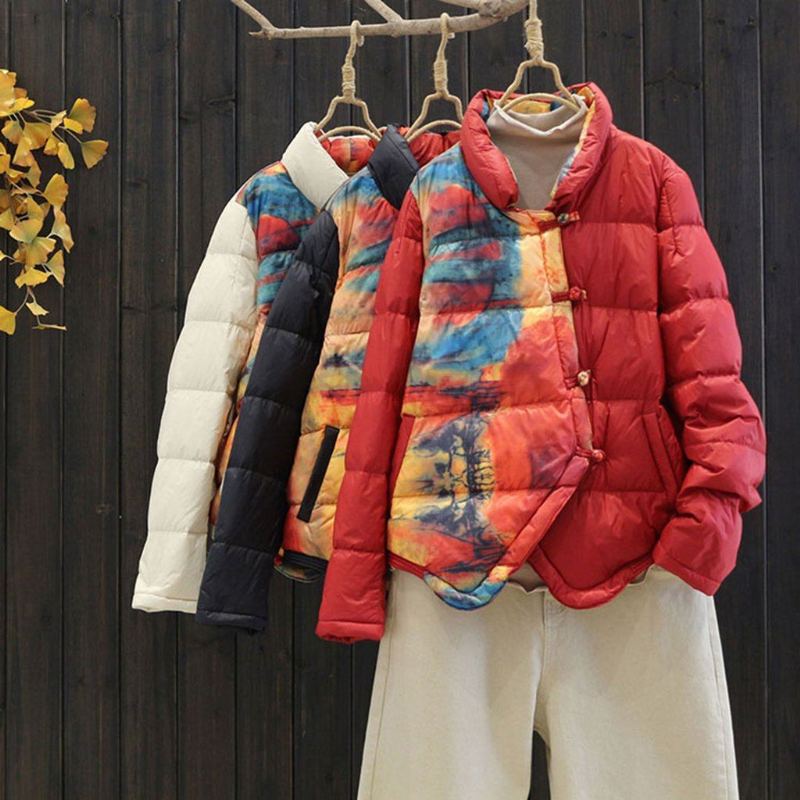 Print Stand Collar Down Coat