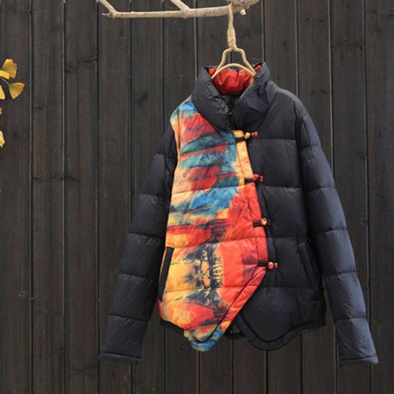 Print Stand Collar Down Coat