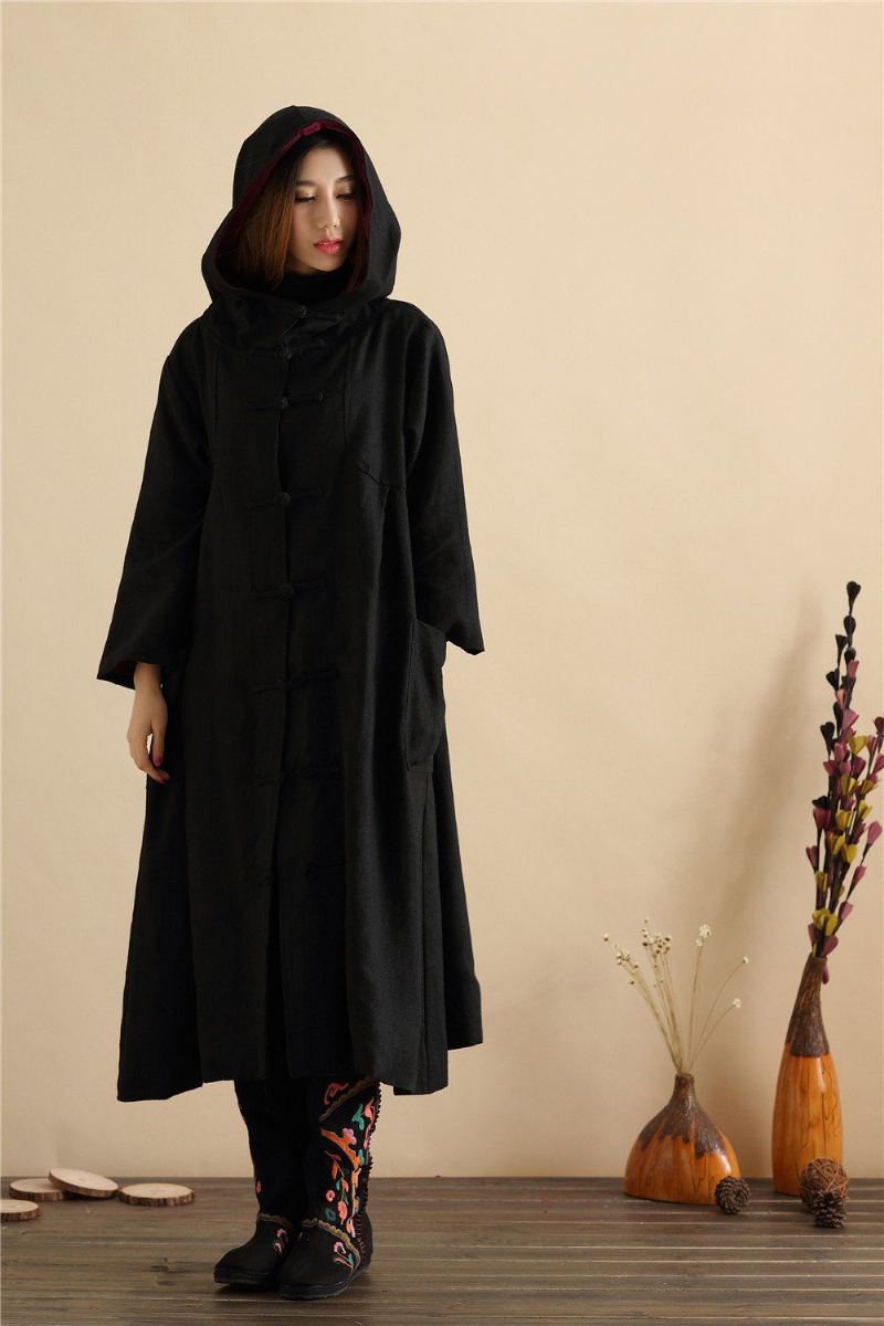 Retro Lös Hooded Linen Coat