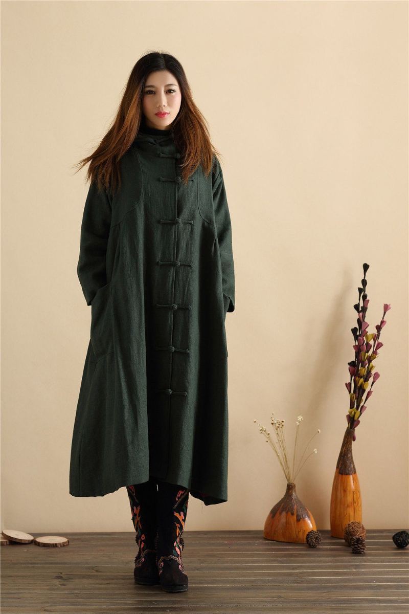 Retro Lös Hooded Linen Coat