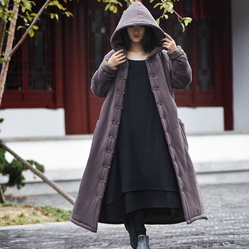 Solid Retro Hooded Quilted Long Coat