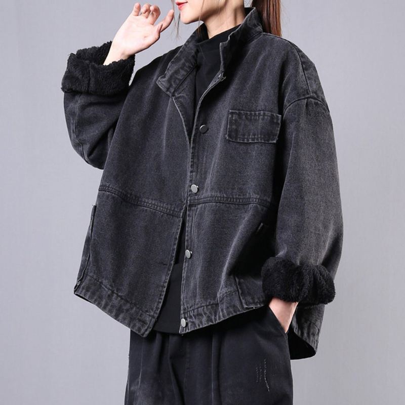 Solid Vinter Lös Casual Stand Krage Jacka Plysch Denim Coat