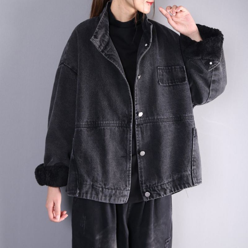 Solid Vinter Lös Casual Stand Krage Jacka Plysch Denim Coat