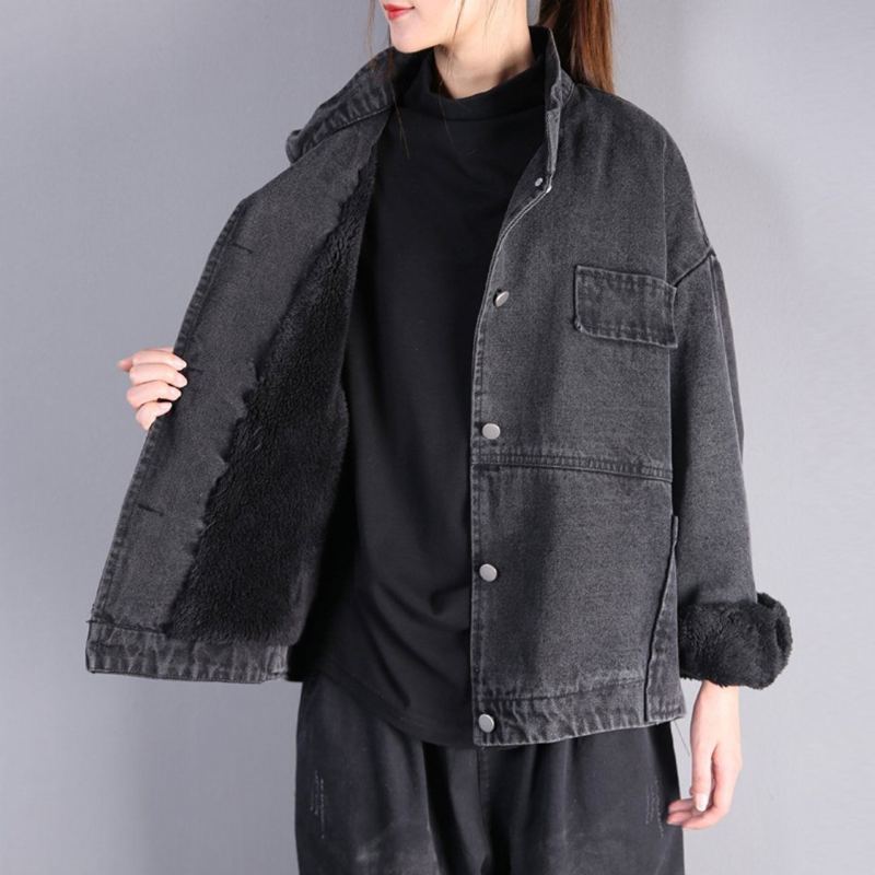 Solid Vinter Lös Casual Stand Krage Jacka Plysch Denim Coat