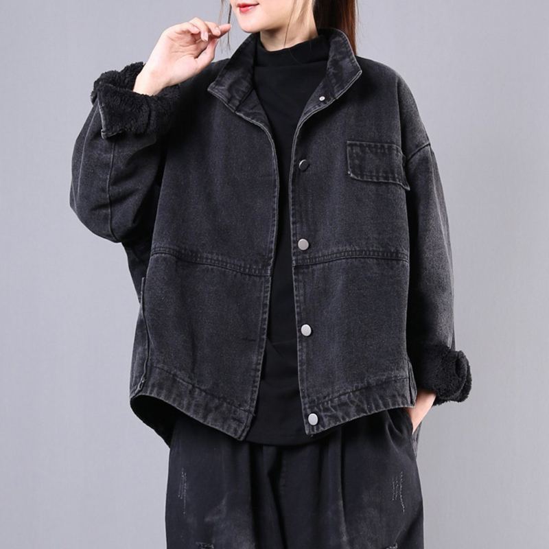 Solid Vinter Lös Casual Stand Krage Jacka Plysch Denim Coat