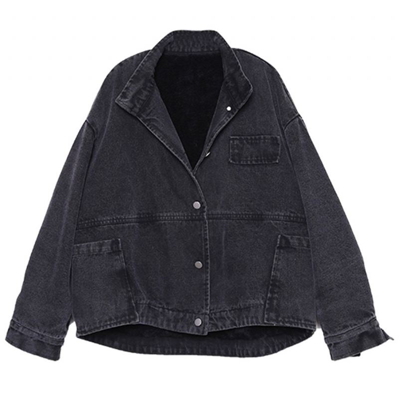 Solid Vinter Lös Casual Stand Krage Jacka Plysch Denim Coat