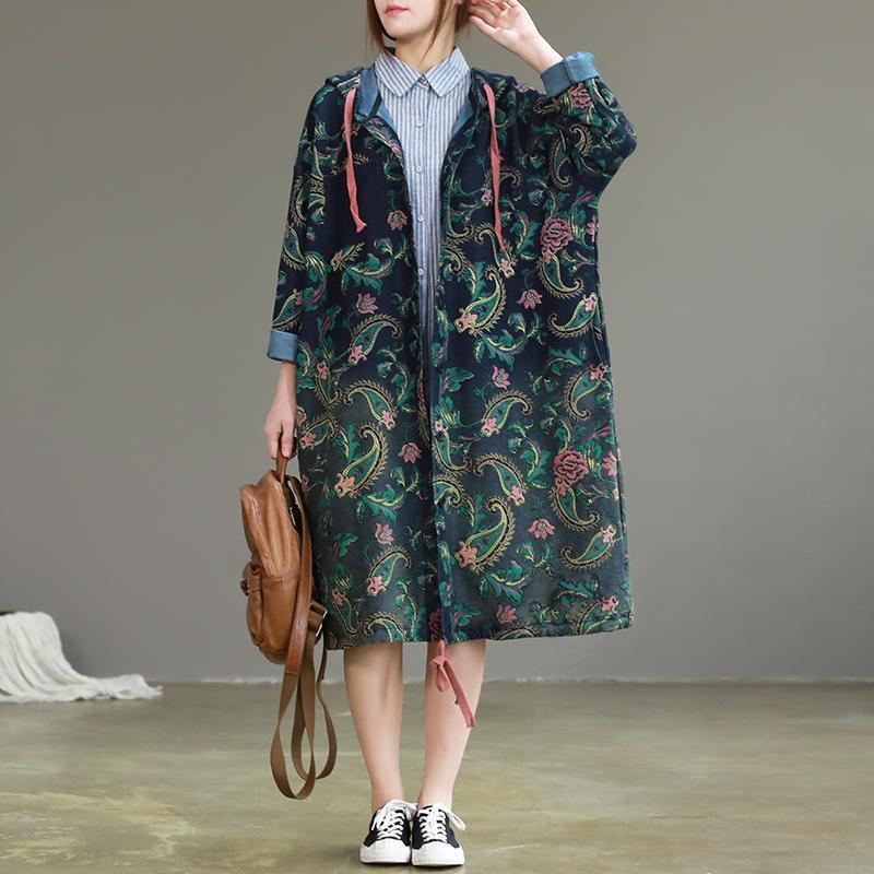 Spring Print Long Casual Retro Hooded Windbreaker Damjacka