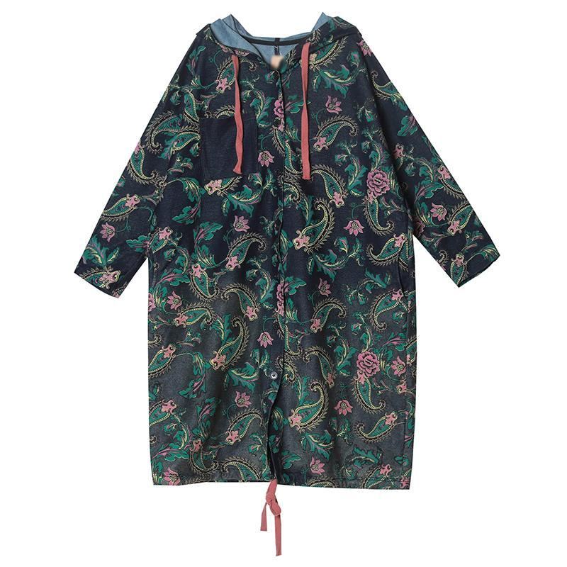 Spring Print Long Casual Retro Hooded Windbreaker Damjacka