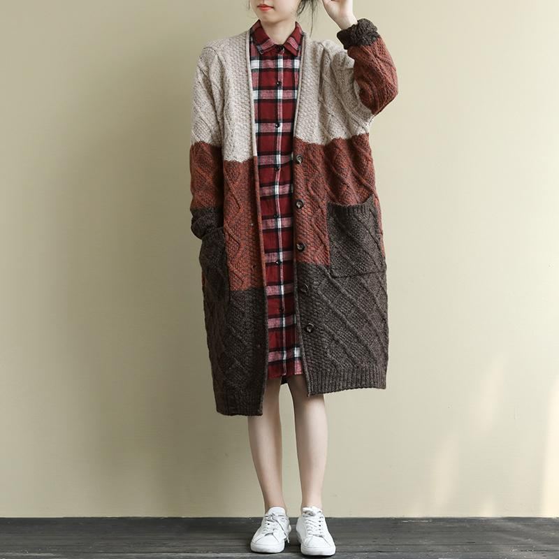 Stickad Color Blok Cardigan Long Coat