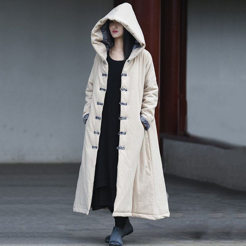 Tryckt Knob-knots Hooded Quilted Coat