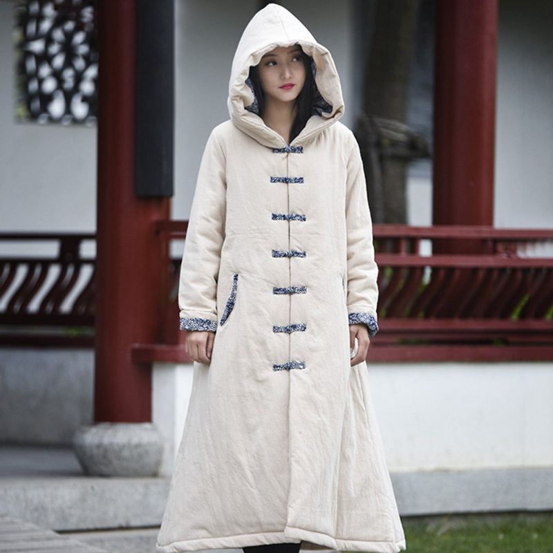 Tryckt Knob-knots Hooded Quilted Coat