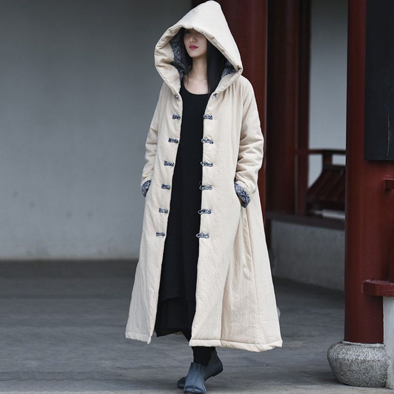 Tryckt Knob-knots Hooded Quilted Coat