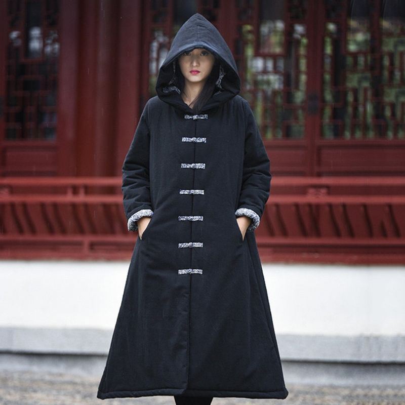 Tryckt Knob-knots Hooded Quilted Coat