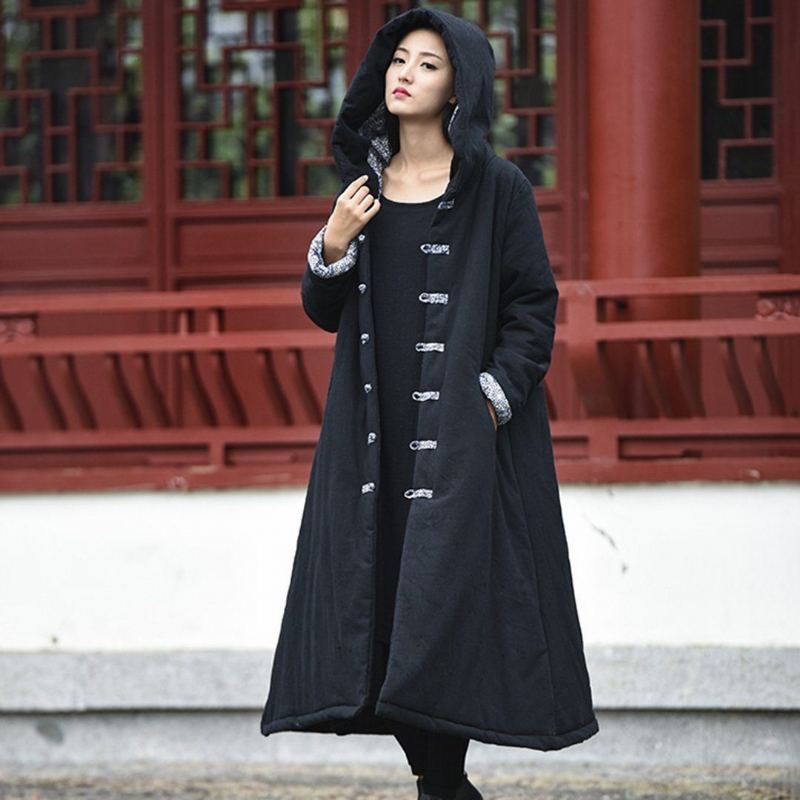 Tryckt Knob-knots Hooded Quilted Coat