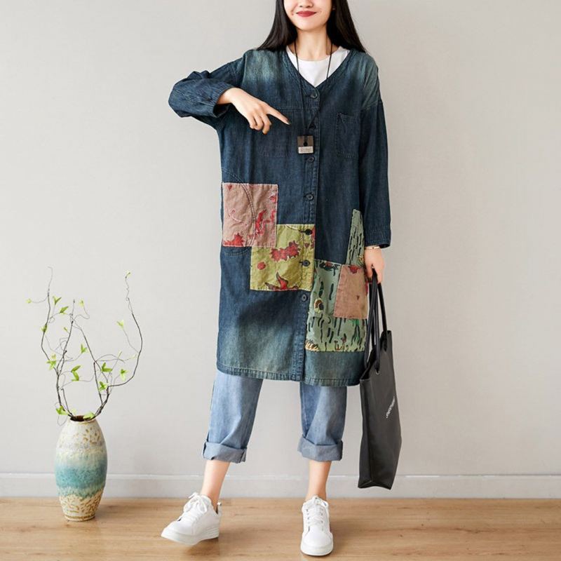 V-hals Lös Casual Patchwork Höst Tunn Kappa