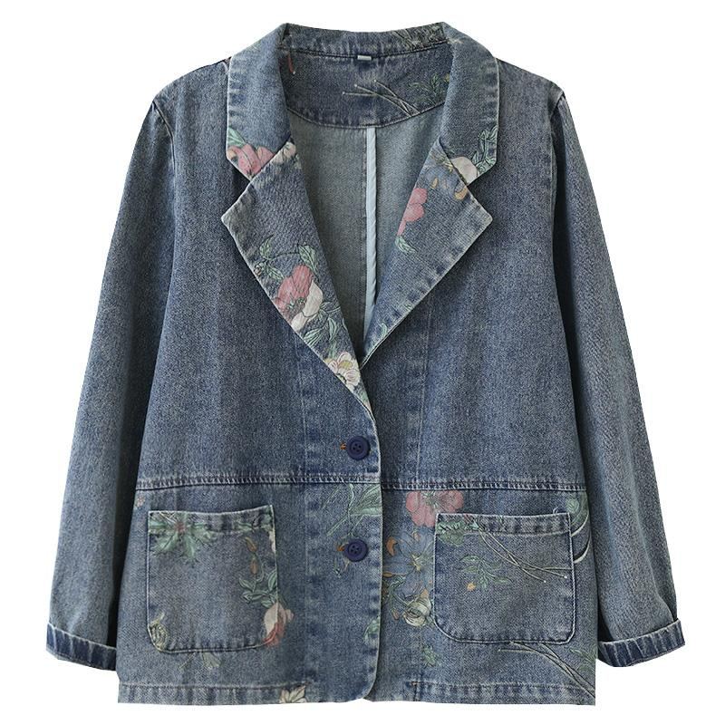 Vår Höst Retro Patchwork Blommig Jeansjacka I Bomull