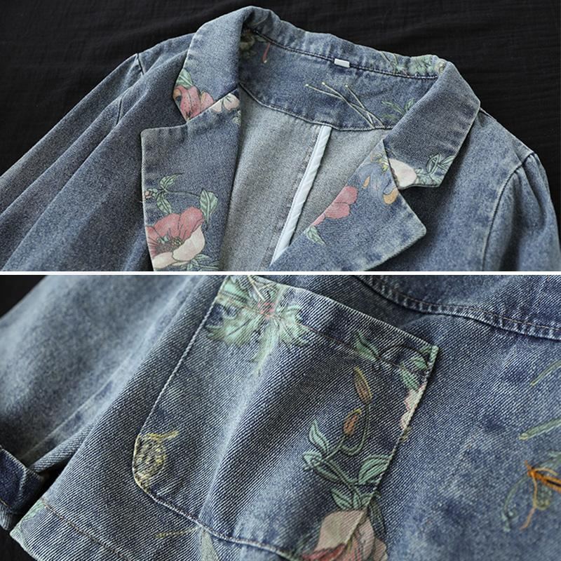 Vår Höst Retro Patchwork Blommig Jeansjacka I Bomull