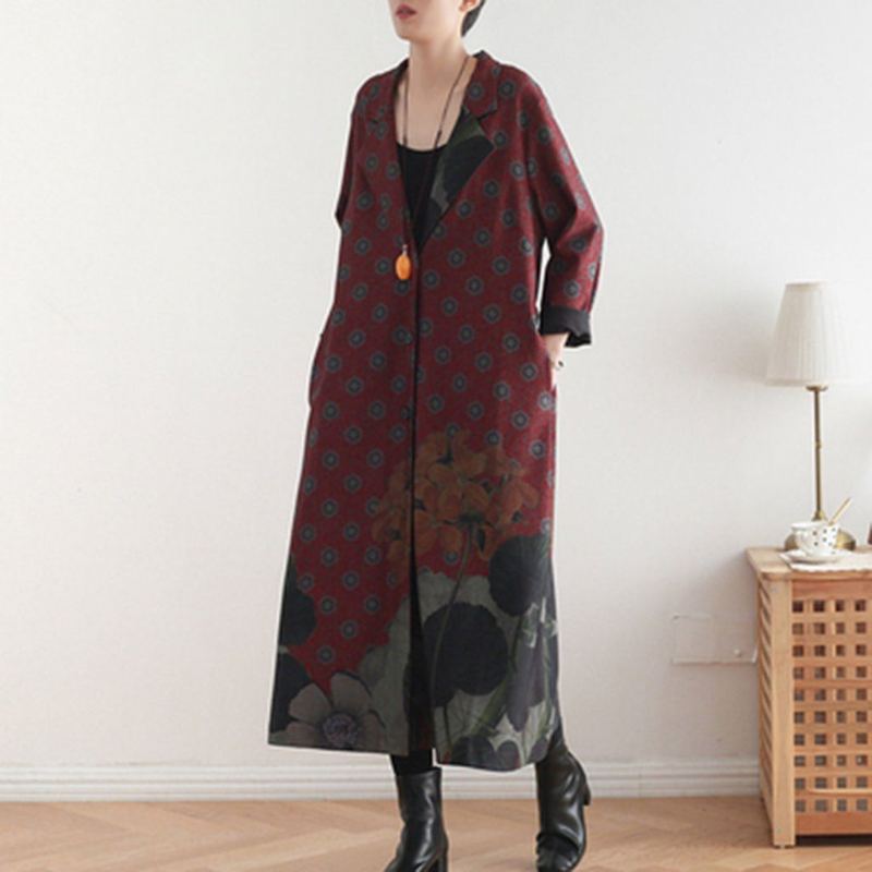 Vintage Lös Casual Long Coat Med Tryck